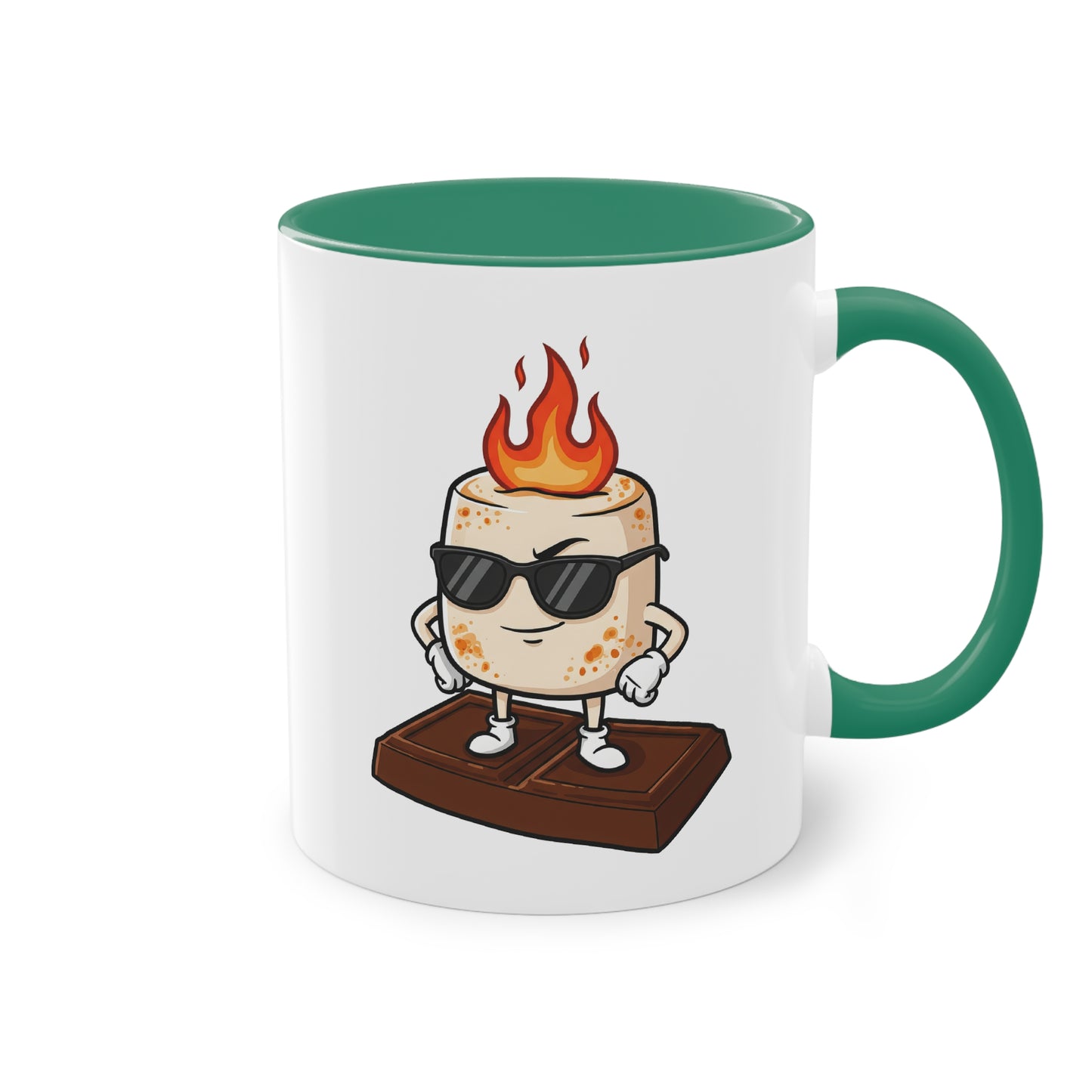 Lustige Camping Tasse mit brennendem Marshmallow auf Schokolade
