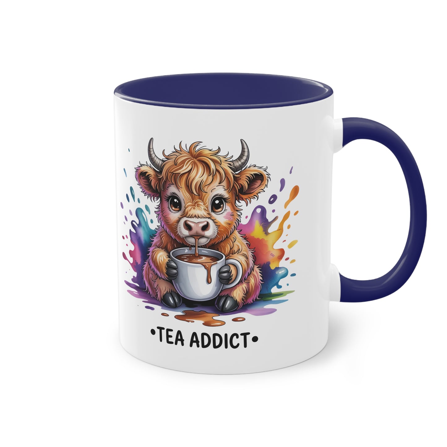 Tea Addict Tasse mit Highland Kuh | Süßes Motiv für Tee Fans
