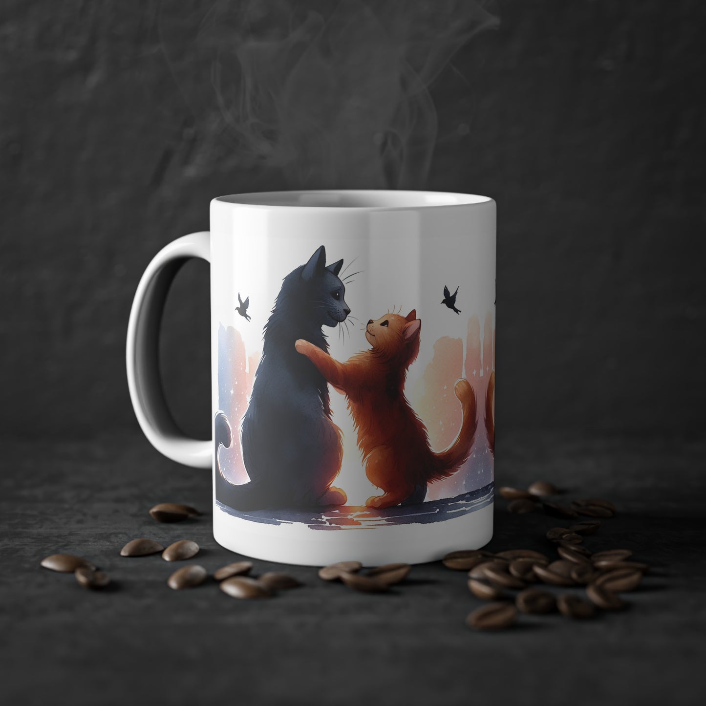 Katzen Tasse mit liebevoller Umarmung im Abendlicht