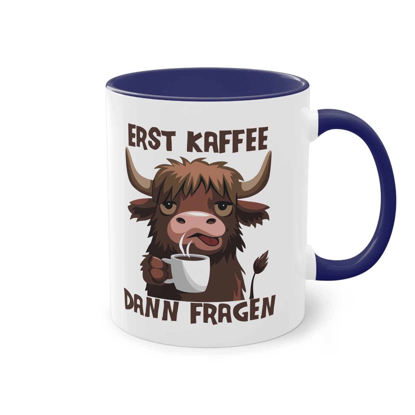 Erst Kaffee dann Fragen Tasse mit verschlafenem Rind