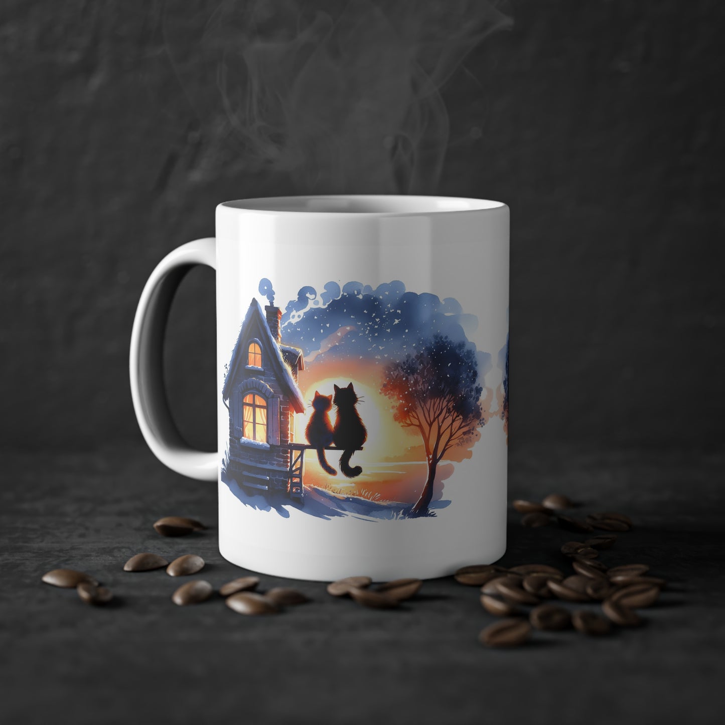Winterzauber Katzen Tasse mit romantischer Häuschen-Idylle