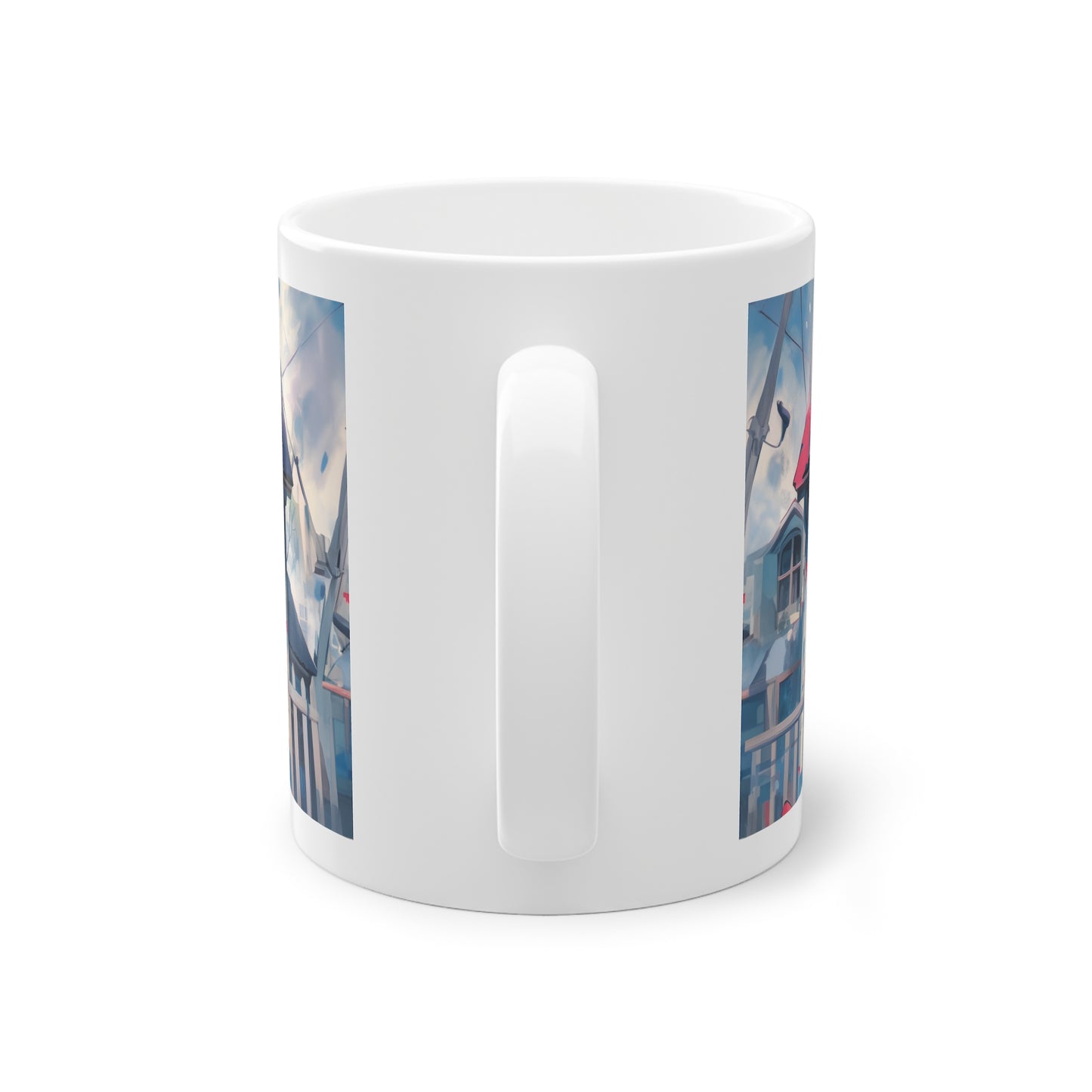 Anime Tasse mit süßem Catgirl vor blauem Haus