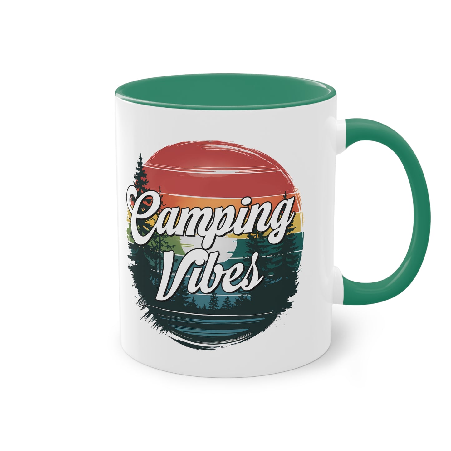 Camping Tasse mit Retro Sonnenuntergang & "Camping Vibes" Schriftzug