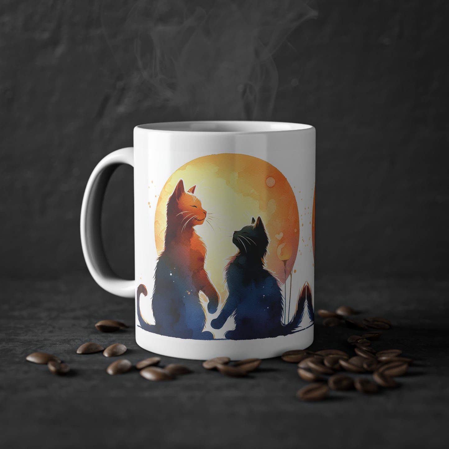 Katzen Tasse mit Sonnenuntergang in Aquarell und Herzmoment