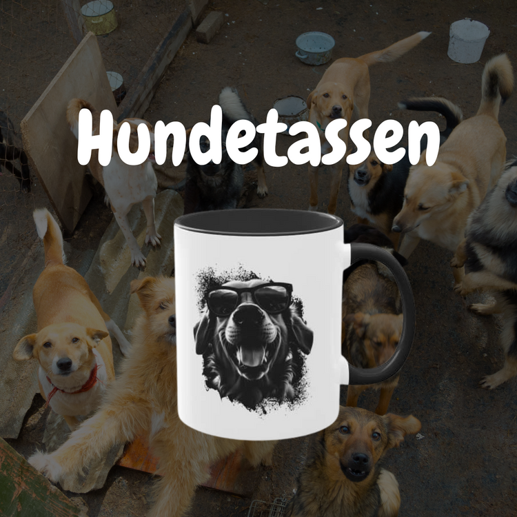 Kollektion Hundetassen: Schwarze und weiße Tasse mit dem Motiv eines coolen Hundes mit Sonnenbrille vor einem Hintergrund mit mehreren Hunden.