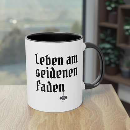 Tasse: "Leben am seidenen Faden" Spinnenhalter Spruch