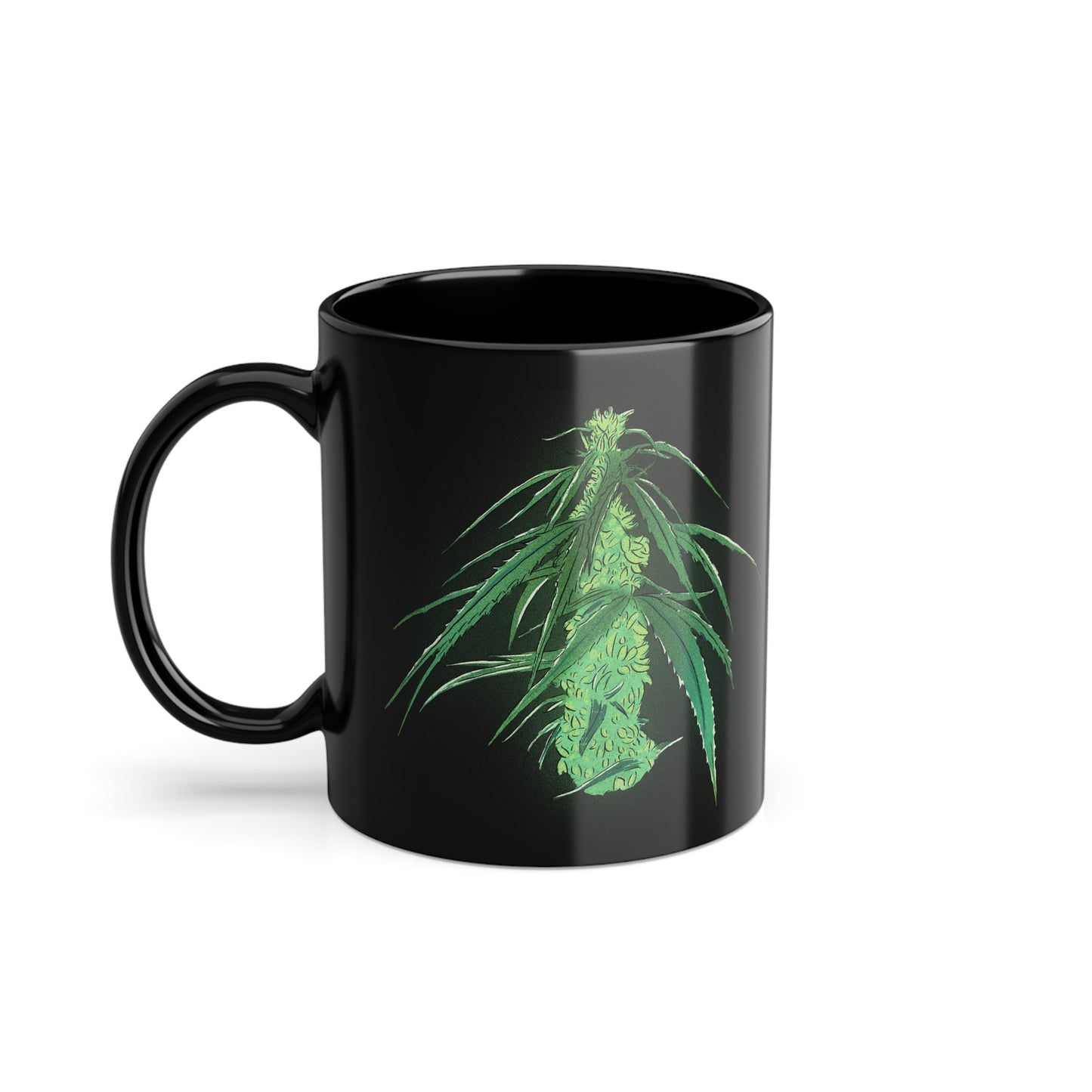 Tasse mit leuchtender Cannabis-Blüte auf schwarzem Hintergrund