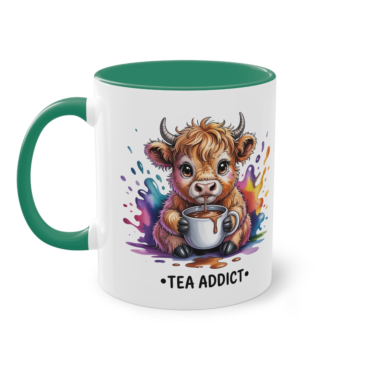 Tea Addict Tasse mit Highland Kuh | Süßes Motiv für Tee Fans