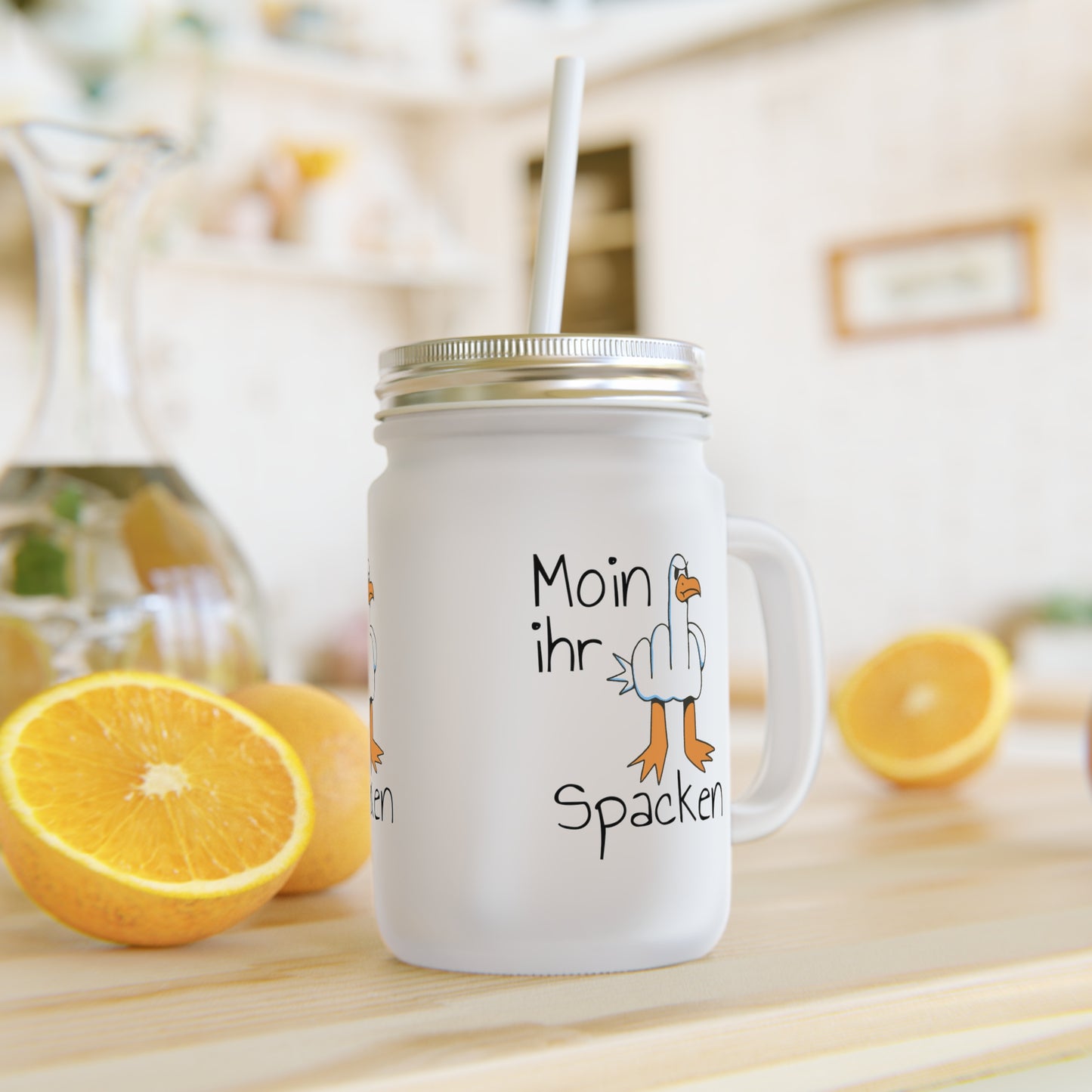 Mason Jar Trinkglas - Norddeutsche Möwe: "Moin ihr Spacken"