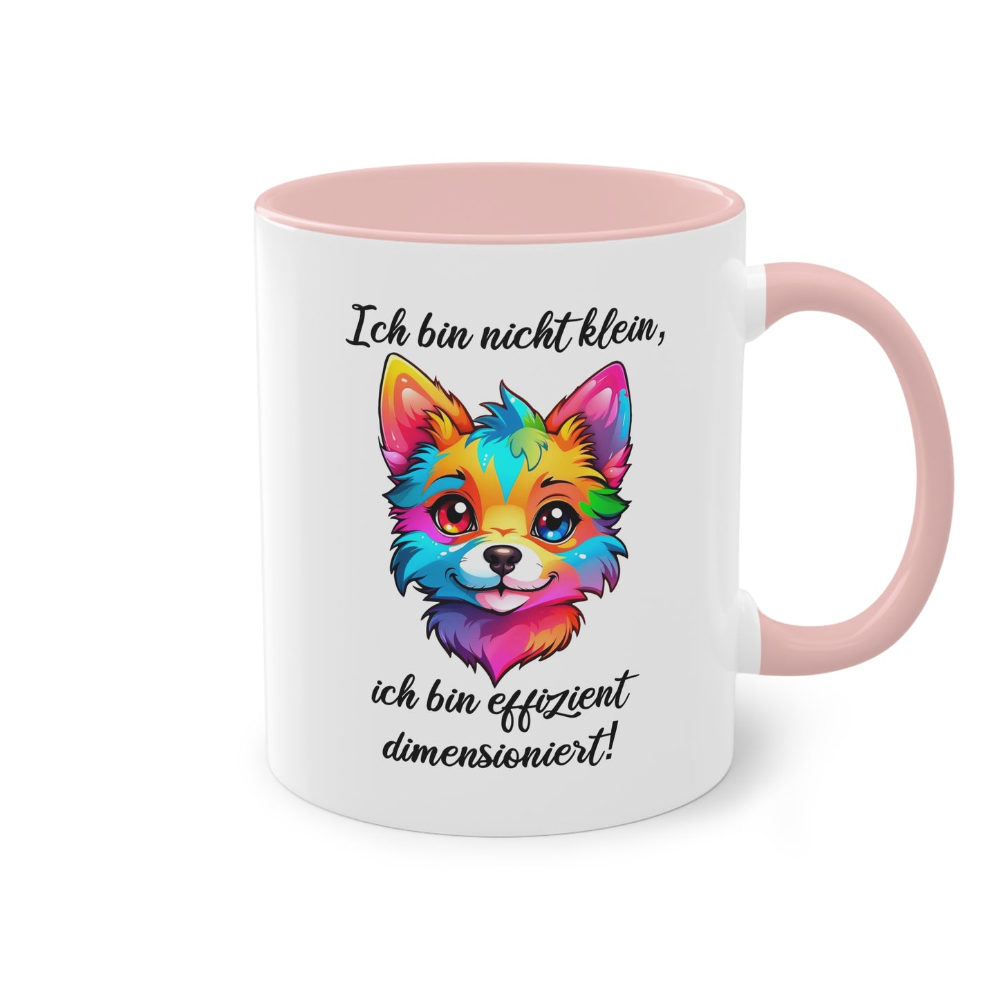 Tasse „Ich bin nicht klein, ich bin effizient dimensioniert“ mit buntem Fuchsdesign