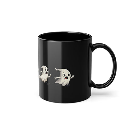 Schwarze Halloween Tasse mit Kürbis-Geistern & Retro-Flair