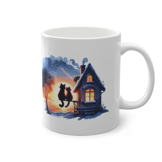 Winterzauber Katzen Tasse mit romantischer Häuschen-Idylle