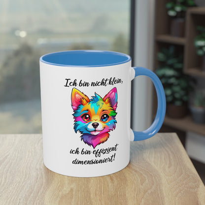 Tasse „Ich bin nicht klein, ich bin effizient dimensioniert“ mit buntem Fuchsdesign