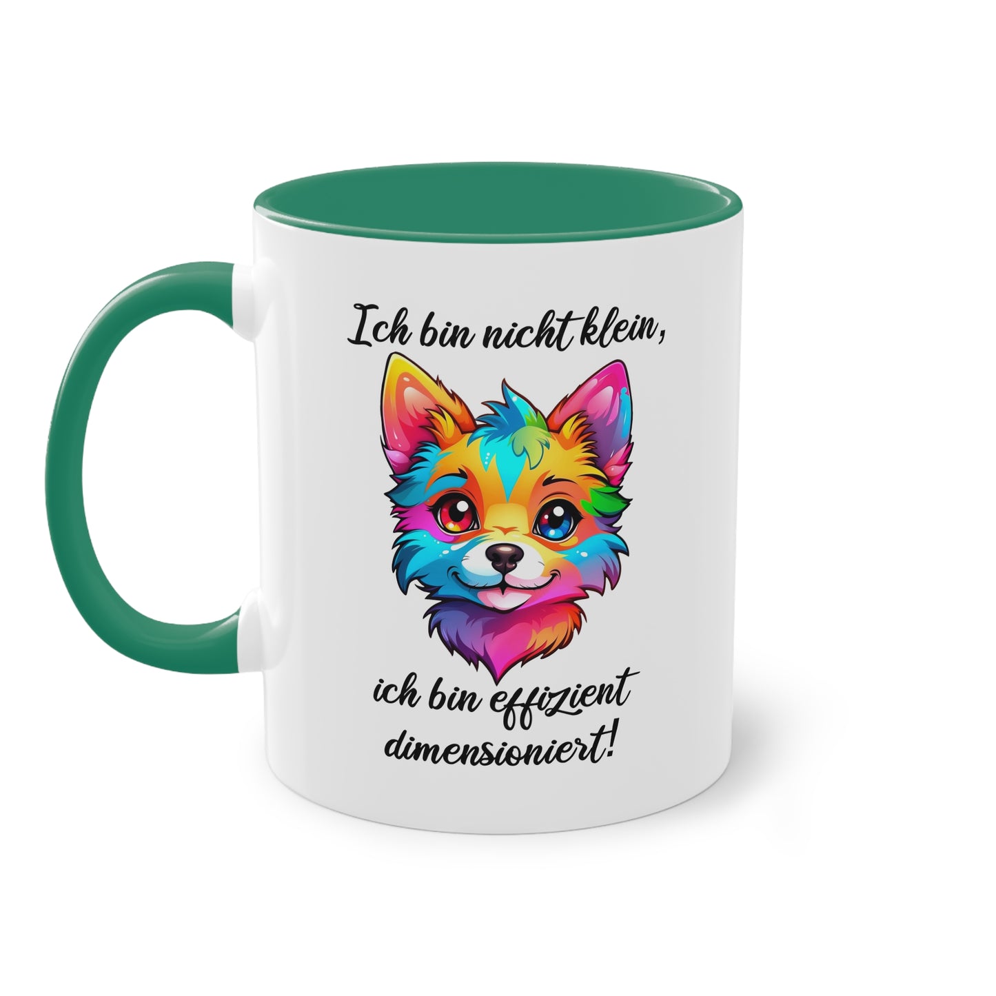 Tasse „Ich bin nicht klein, ich bin effizient dimensioniert“ mit buntem Fuchsdesign