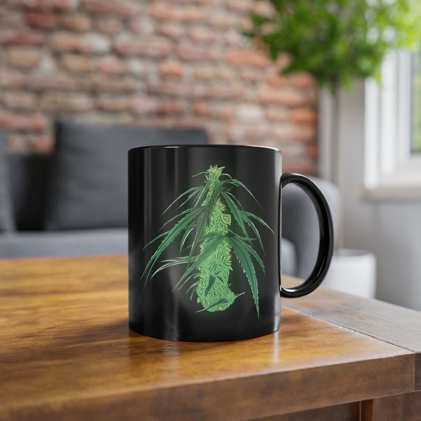 Tasse mit leuchtender Cannabis-Blüte auf schwarzem Hintergrund