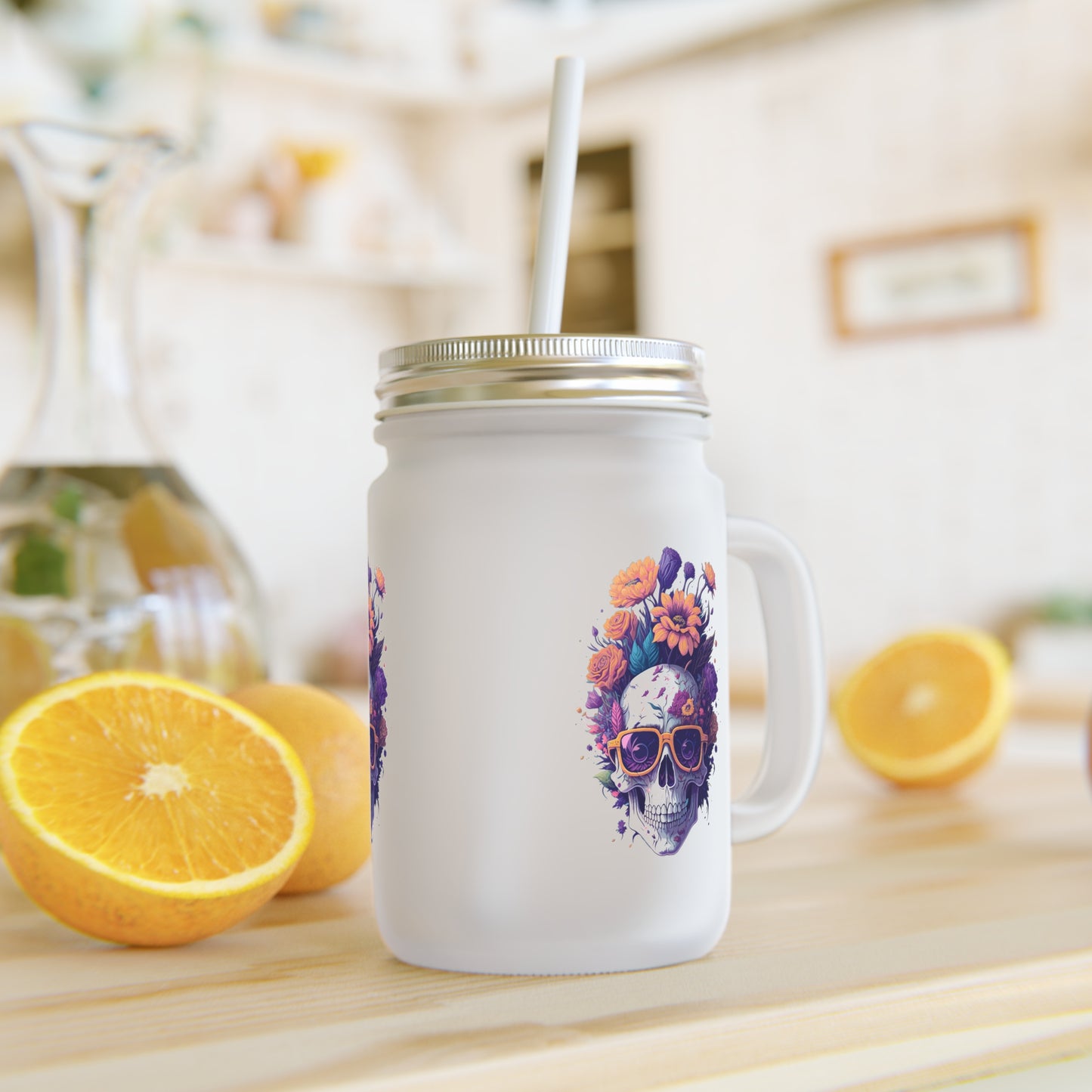 Mason Jar Trinkglas mit Totenkopf- und Blumenmotiv