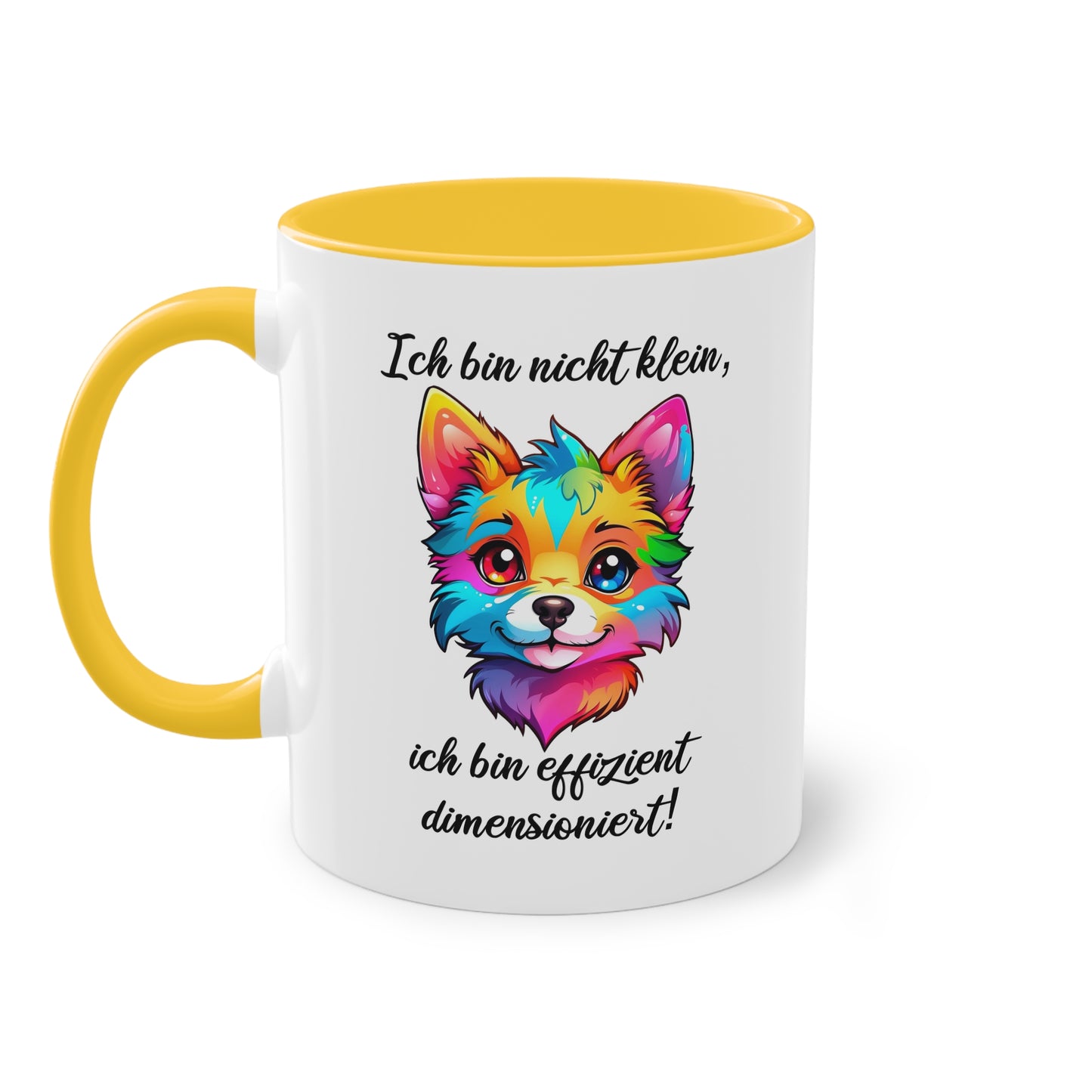 Tasse „Ich bin nicht klein, ich bin effizient dimensioniert“ mit buntem Fuchsdesign