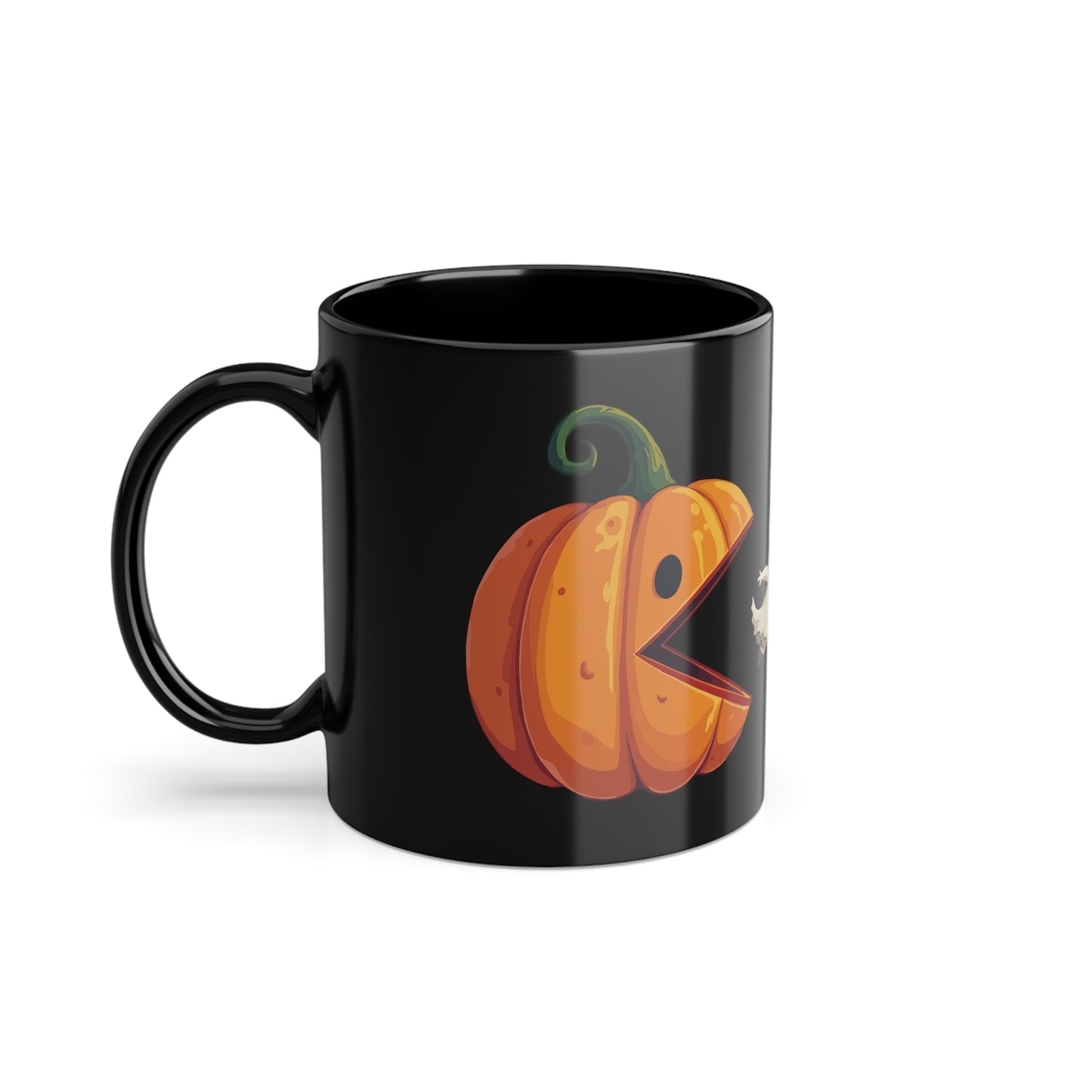 Schwarze Halloween Tasse mit Kürbis-Geistern & Retro-Flair