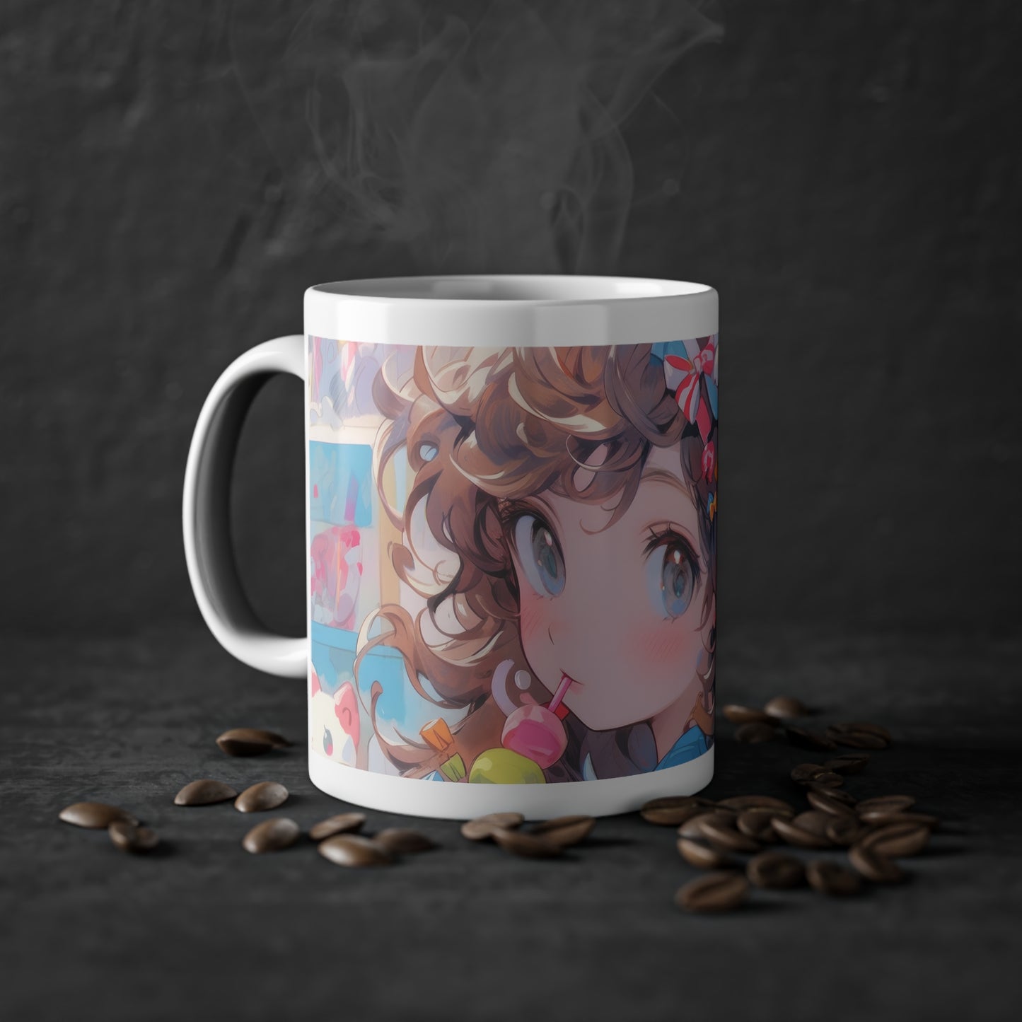Anime Tasse mit süßem Mädchen und bunten Candy-Details