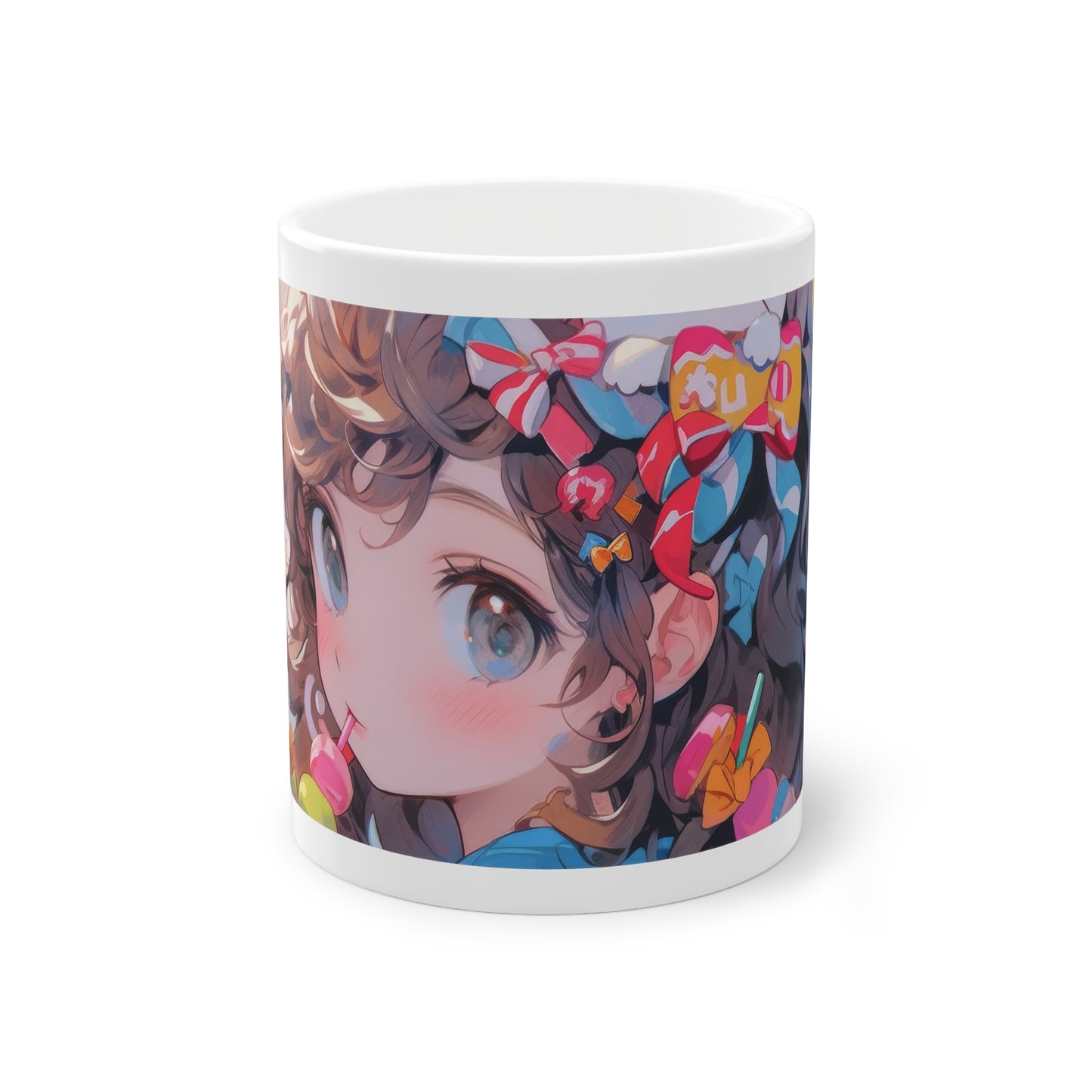 Anime Tasse mit süßem Mädchen und bunten Candy-Details