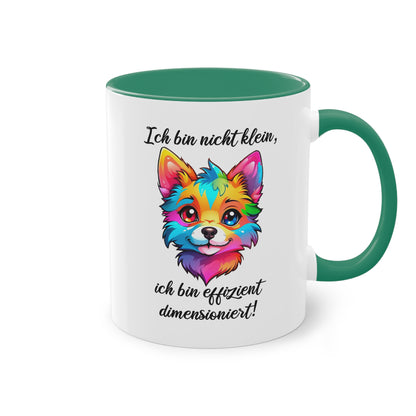 Tasse „Ich bin nicht klein, ich bin effizient dimensioniert“ mit buntem Fuchsdesign