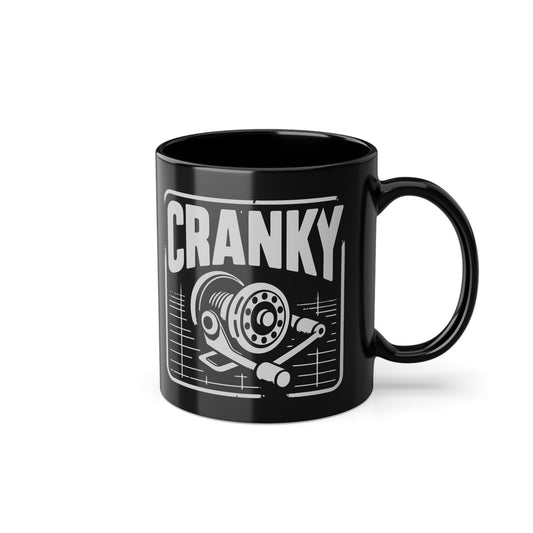 Schwarze Angler Tasse „Cranky“ mit Angelrollen Motiv