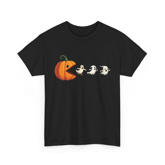Schwarzes Halloween T-Shirt mit Kürbis-Geist-Motiv & Retro-Gaming-Stil