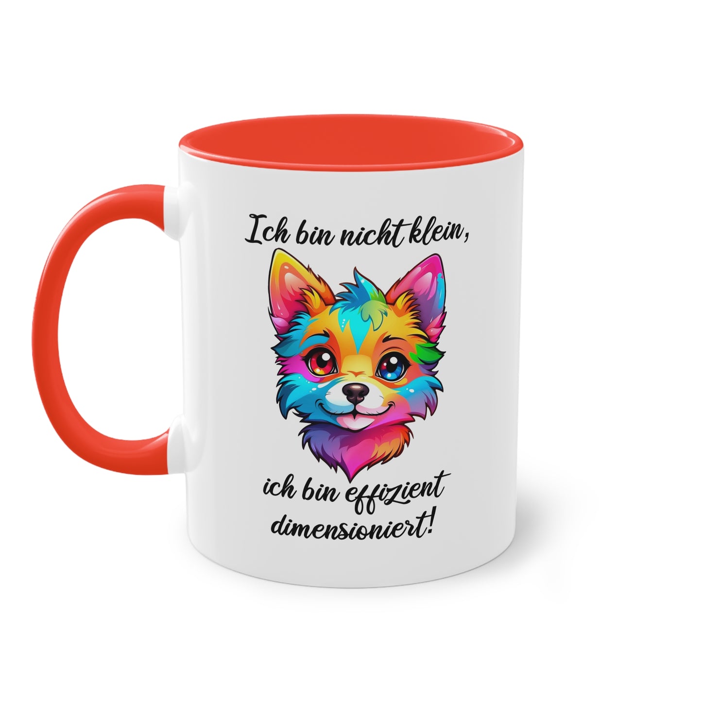 Tasse „Ich bin nicht klein, ich bin effizient dimensioniert“ mit buntem Fuchsdesign