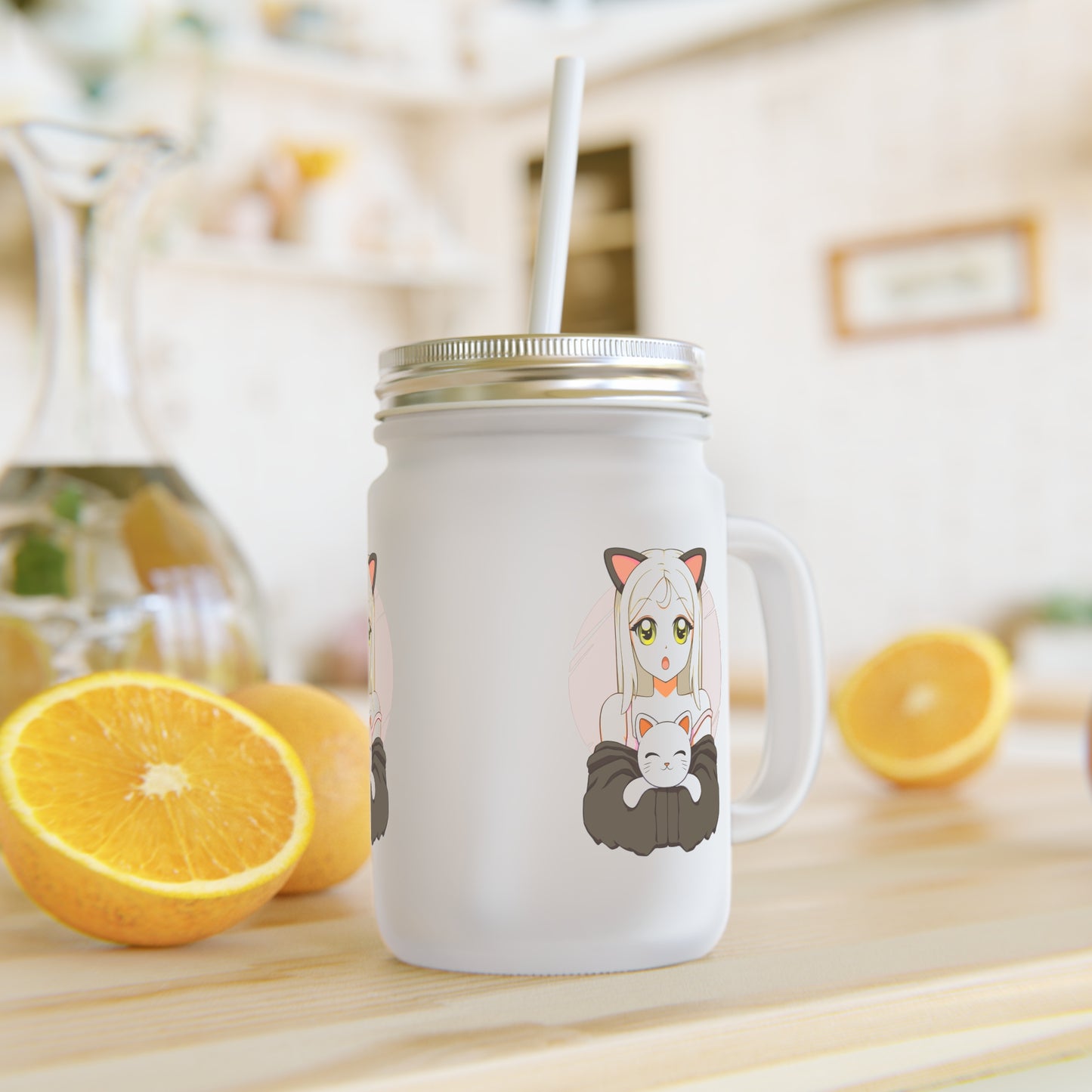 Mason Jar Trinkglas Anime Girl mit Katze