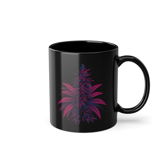 Schwarze Tasse mit lila Cannabis-Blüte - Für stilvolle Kräuterfans