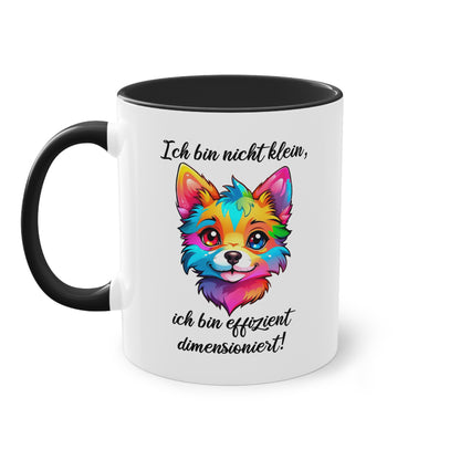 Tasse „Ich bin nicht klein, ich bin effizient dimensioniert“ mit buntem Fuchsdesign