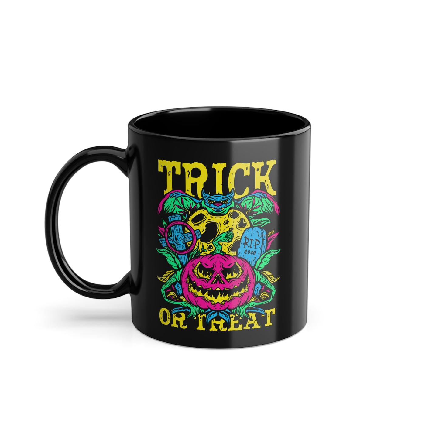 Trick or Treat Tasse - Farbenfrohes Halloween Design auf schwarzer Tasse