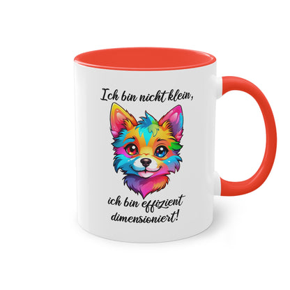 Tasse „Ich bin nicht klein, ich bin effizient dimensioniert“ mit buntem Fuchsdesign