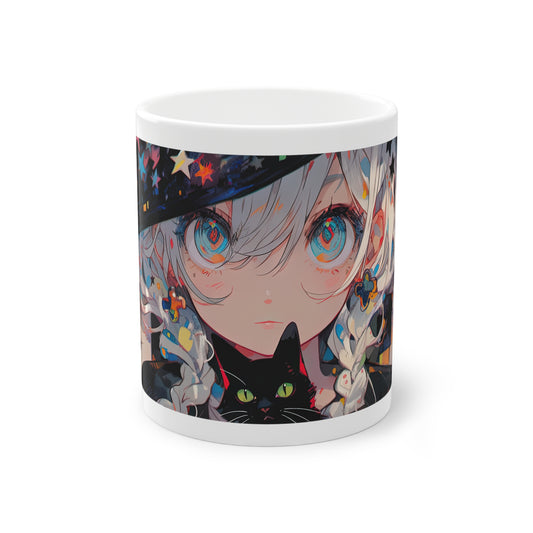 Anime Tasse mit Hexenmädchen, schwarzer Katze im magischen Kawaii Stil