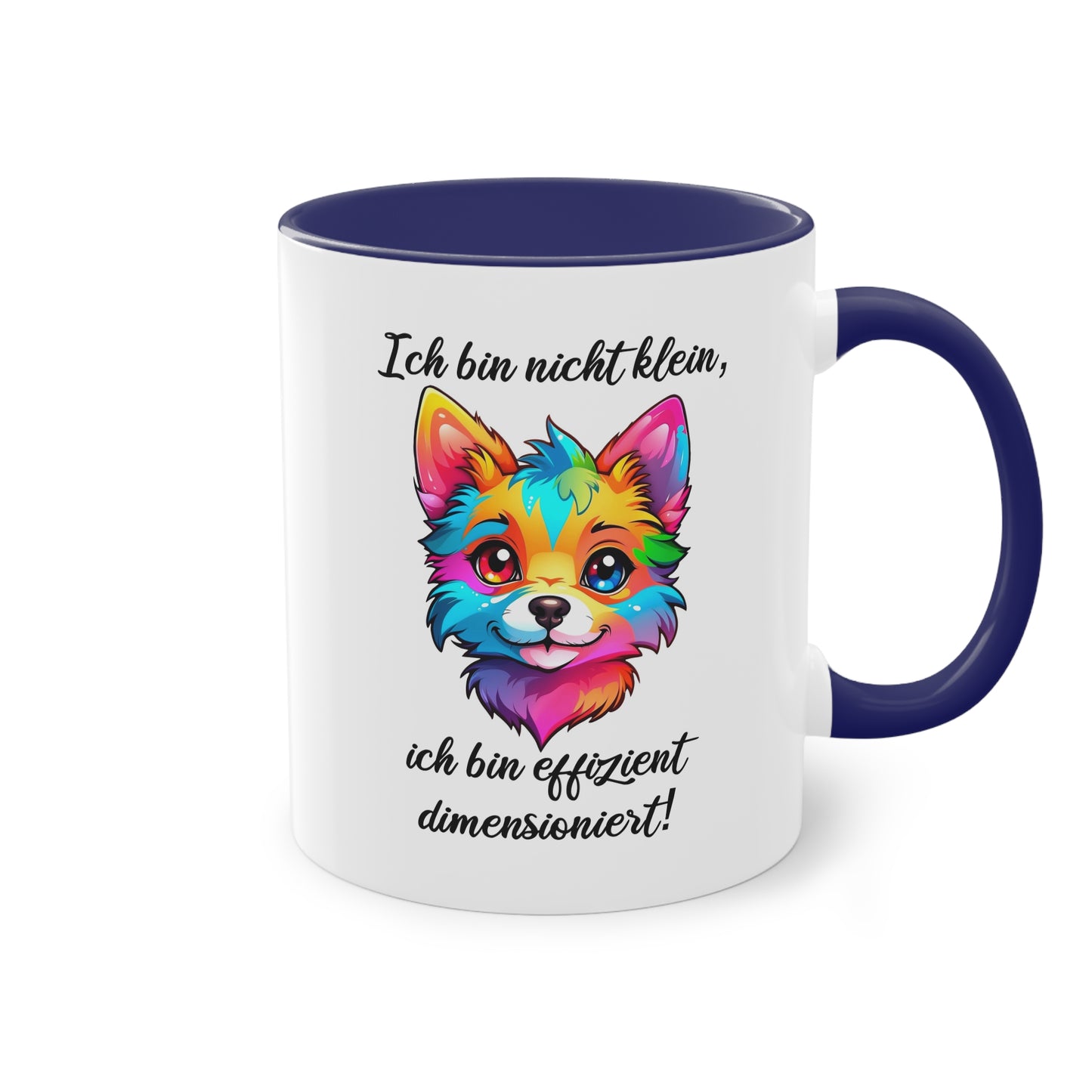 Tasse „Ich bin nicht klein, ich bin effizient dimensioniert“ mit buntem Fuchsdesign