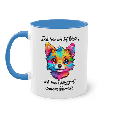 Tasse „Ich bin nicht klein, ich bin effizient dimensioniert“ mit buntem Fuchsdesign