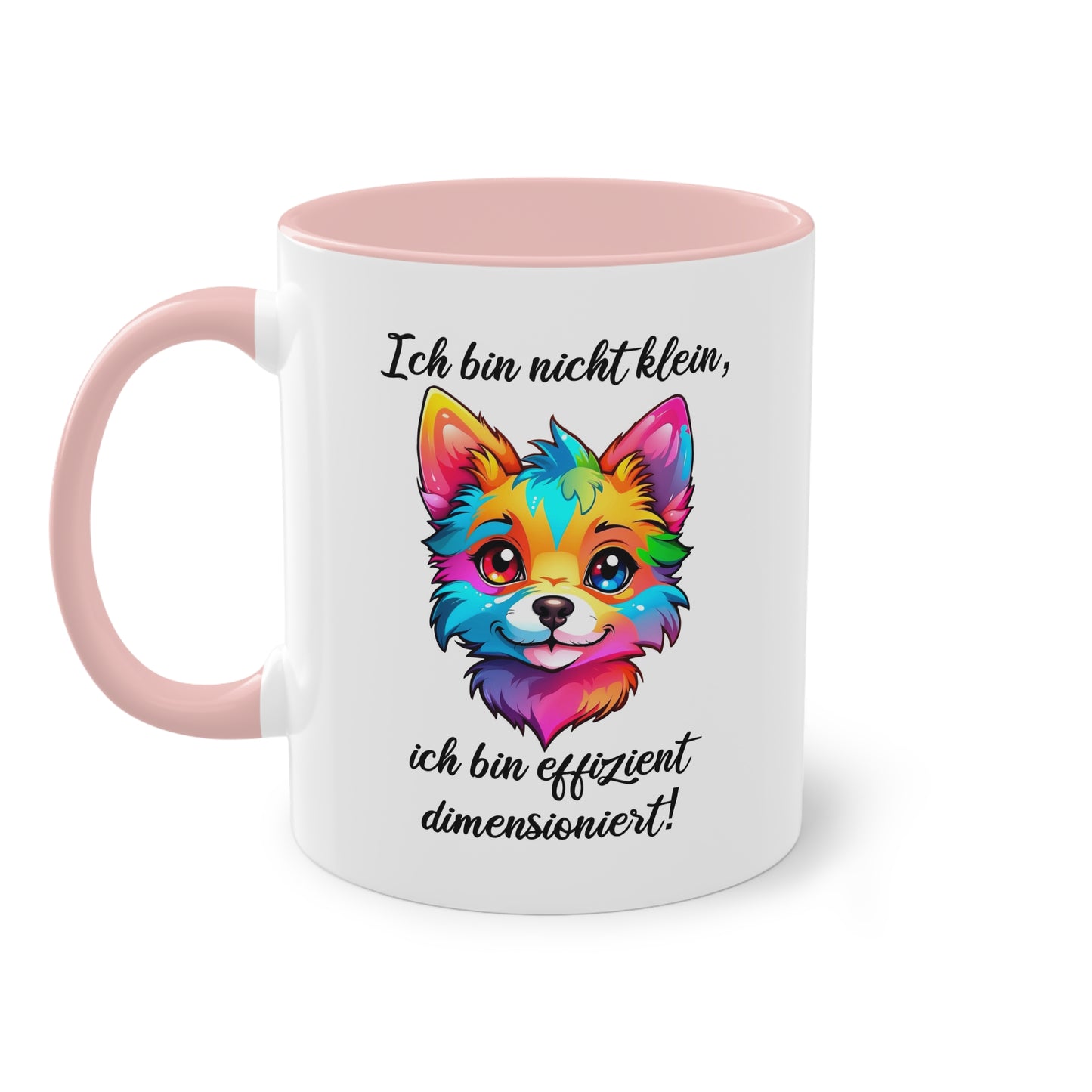 Tasse „Ich bin nicht klein, ich bin effizient dimensioniert“ mit buntem Fuchsdesign