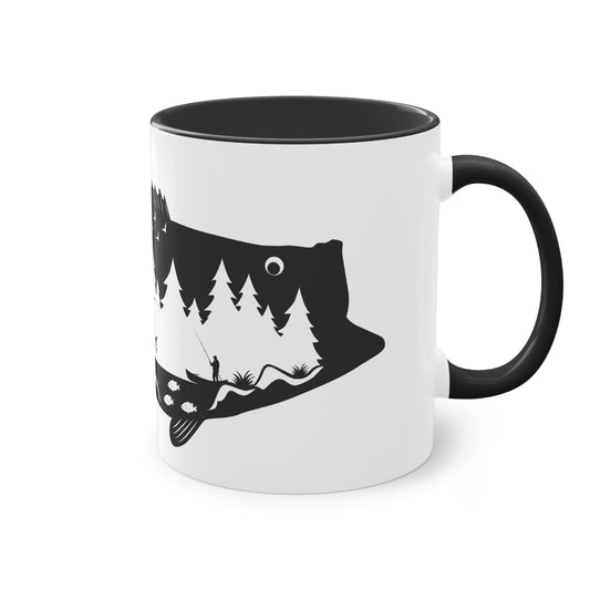 Angler Tasse mit Barsch Silhouette und Waldmotiv