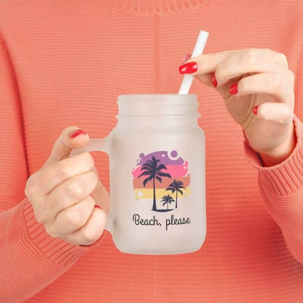 Mason Jar Trinkglas mit Palmen und "Beach, Please"