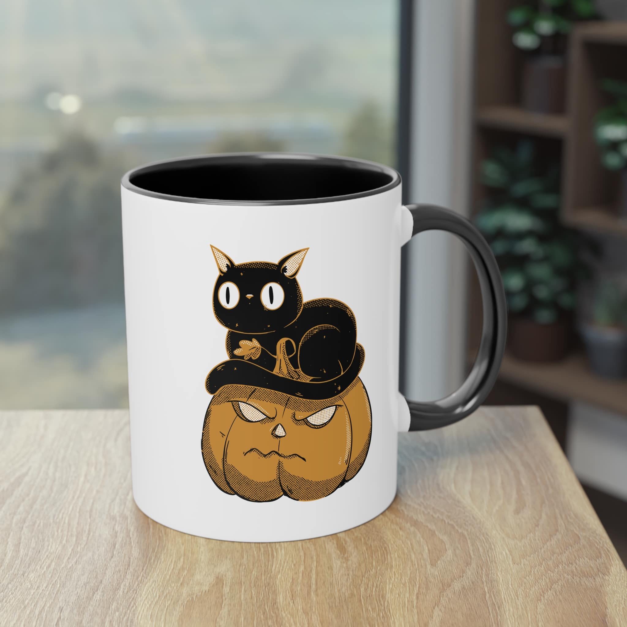 Schwarze Katze auf Kürbis - süße Halloween Tasse